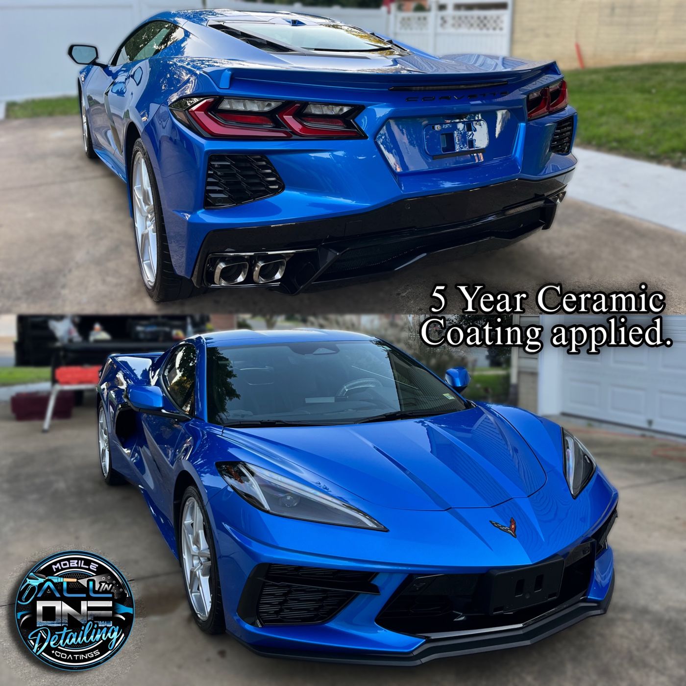 A blue C8 Corvette, front and rear, after a 5-year ceramic coating